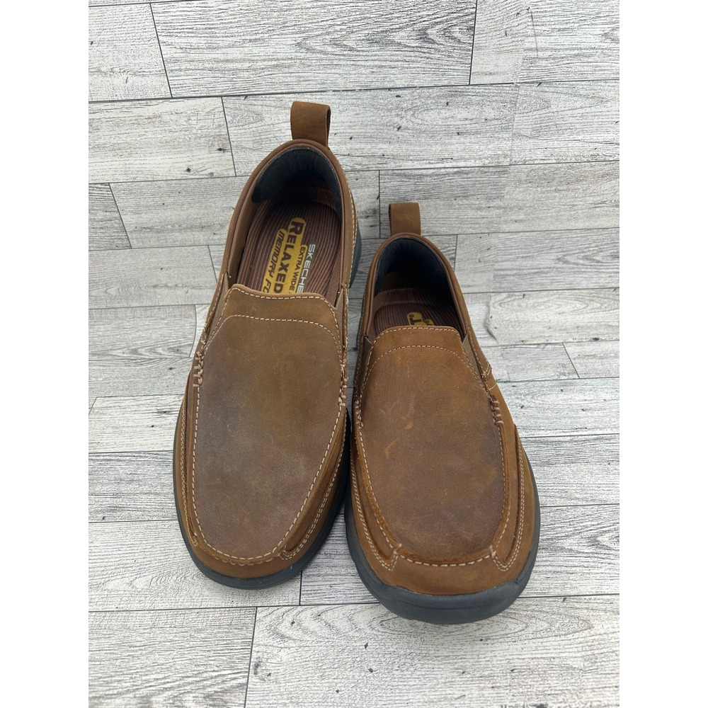Skechers Relaxed Fit 63697EW Men Sz 7.5 Extra Wide Leather Slip On Shoes Brown